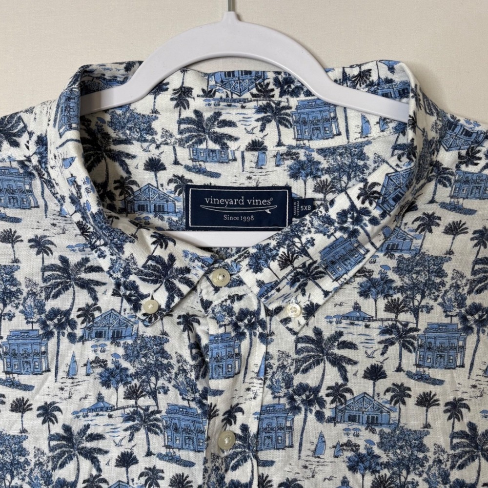 Vineyard Vines Gasparilla Linen Shirt 5XB Mens Big Short Sleeve Blue White Beach